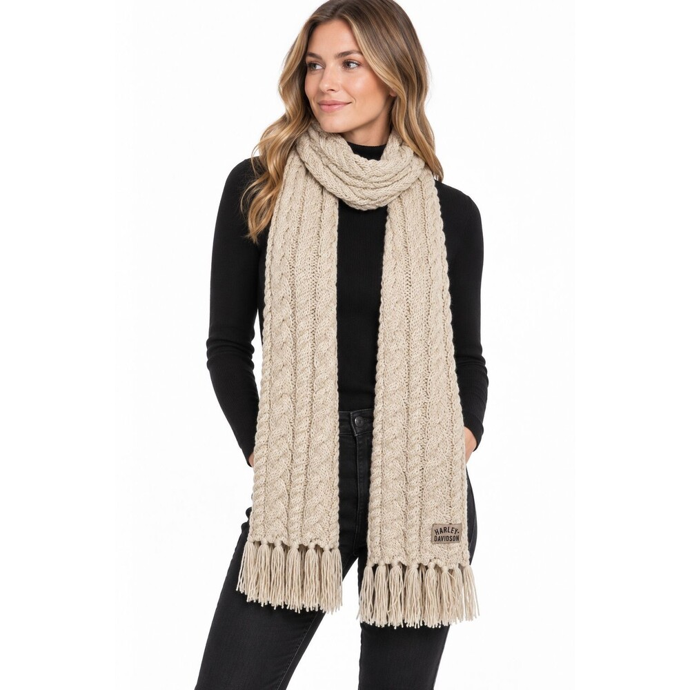 Women's Harley Davidson Knit Scarf Ivory Cableknit Chunky Fringe Long Moto
